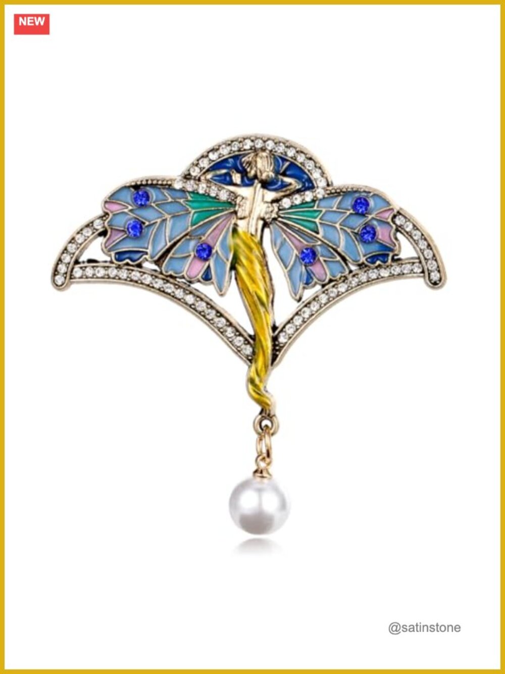 Zinc Alloy Enamel Butterfly Fairy Brooch Crystal Pearl Pin Women